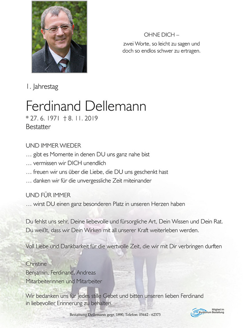 Im Gedenken zum ersten Jahrtag von Ferdinand Dellemann
